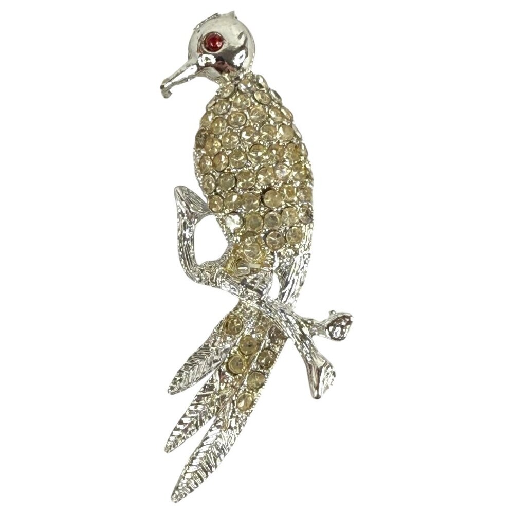 Rhinestone Bird On Tree Branch Brooch Pin With Red‎ Eye & Silver Finish